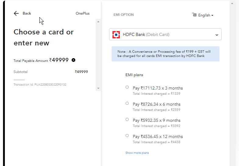 HDFC Debit Card EMI OnePlus 10T