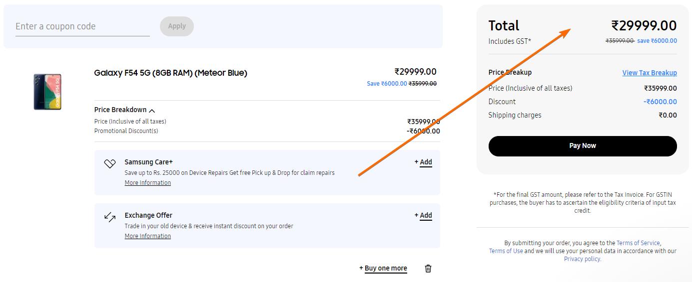 Samsung F54 Bajaj Finserve EMI