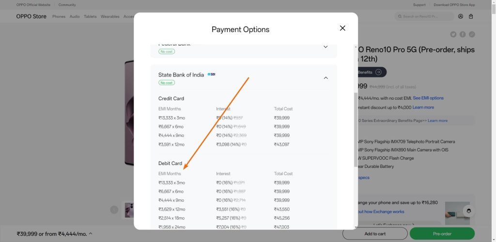 screenshot showing payment option of SBI Debit Card EMI for oppo reno 10 pro 5g