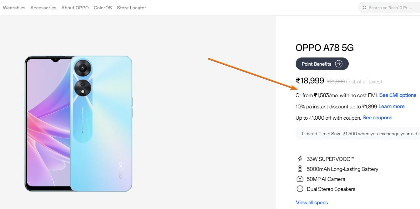screenshot of oppo official store with arrow pointing at EMI options